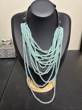 Black Leather Cascading Luster Blue Beaded Beads Statement Edgy Necklace